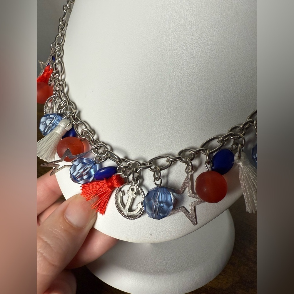 Red White and Blue Nautical Bead Chain Charm Necklace - Picture 4 of 7